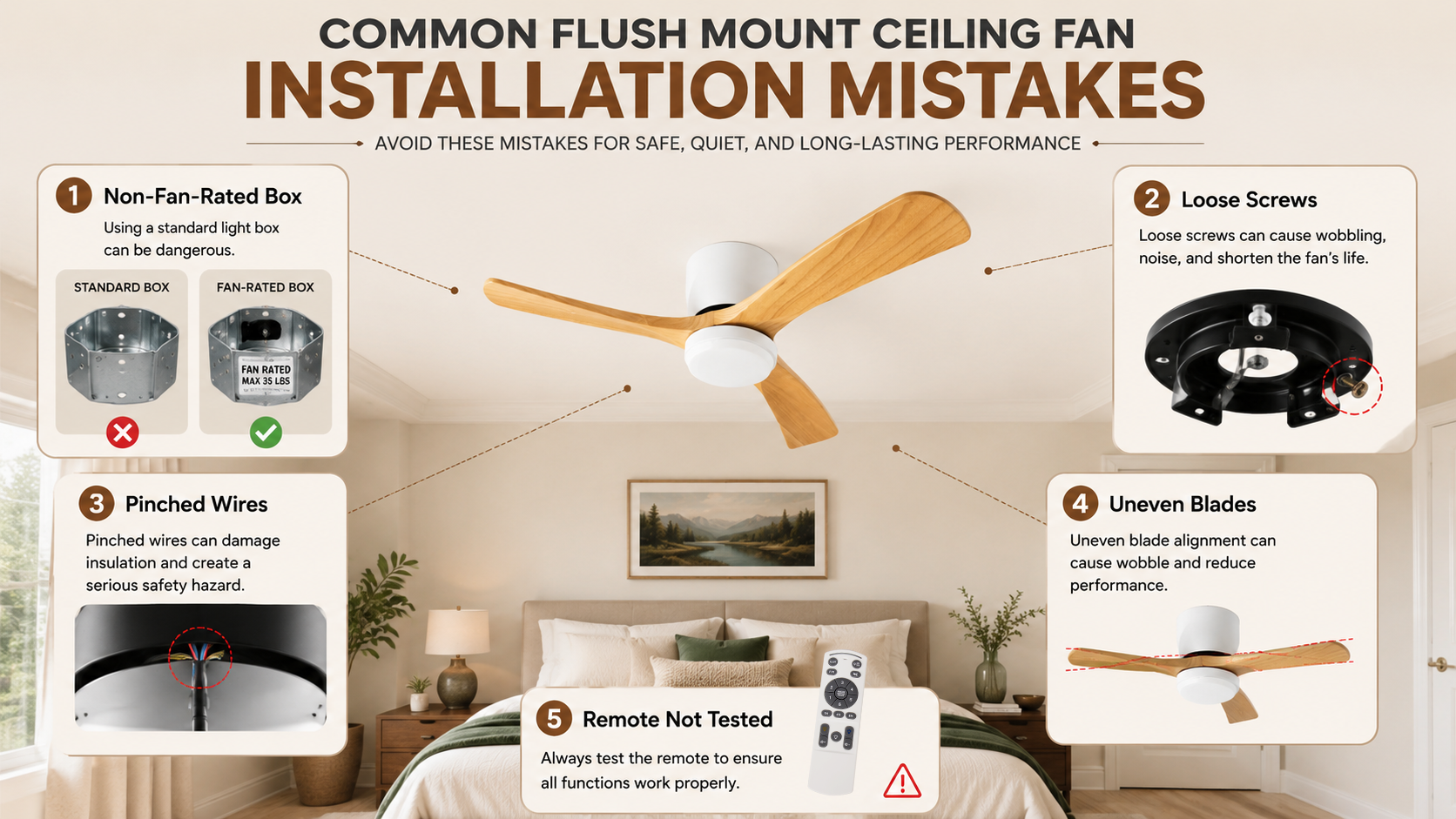 Common flush mount ceiling fan installation mistakes including loose screws incorrect wiring and remote pairing issues
