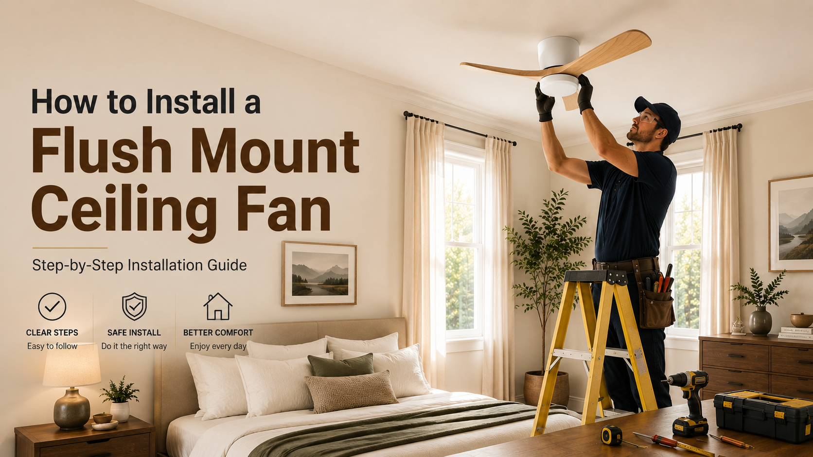 Installing a flush mount ceiling fan with light in a modern bedroom