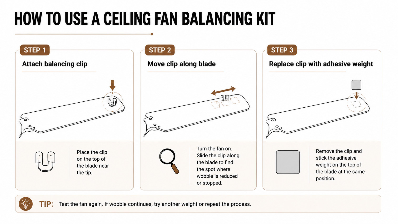 How to use a ceiling fan balancing kit with a balancing clip and adhesive weight