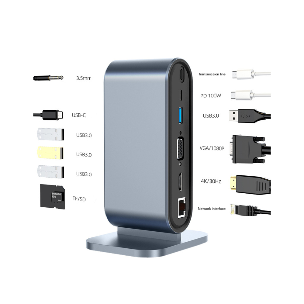 12-in-1 USB-C Hub Aluminum – HDMI 4K@30Hz, 3x USB 3.0, OTG for Laptop/Phone (5Gbps)