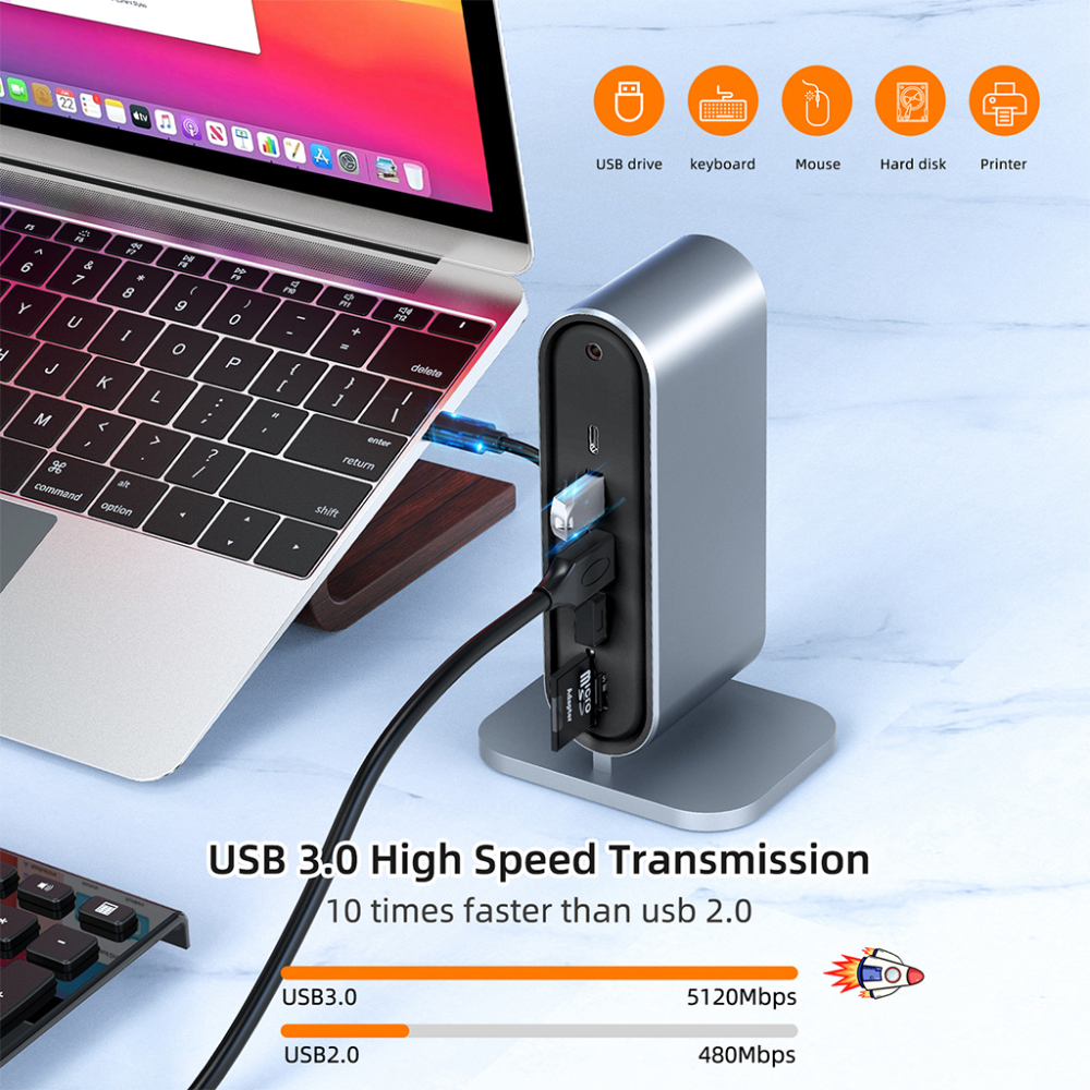 12-in-1 USB-C Hub Aluminum – HDMI 4K@30Hz, 3x USB 3.0, OTG for Laptop/Phone (5Gbps)