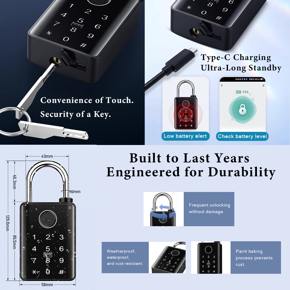 BDI Industrial Grade Smart Padlock Weatherproof Multi-Function Card PIN Key Remote TUYA APP