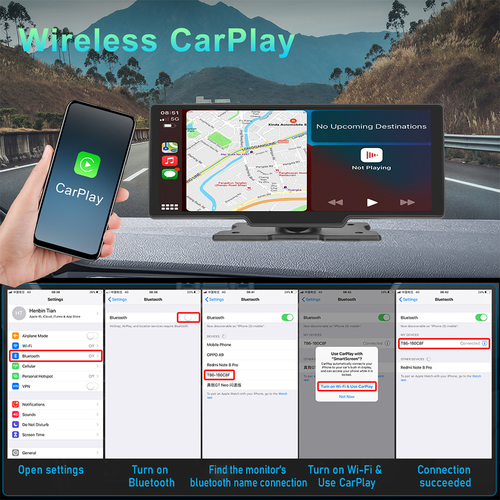 4K Dash Cam with Wireless CarPlay and Android Auto Builtin WiFi GPS with Free 32GB TF Card