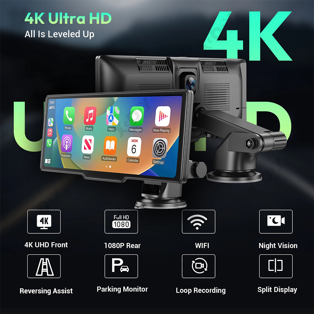 4K Dash Cam with Wireless CarPlay and Android Auto Builtin WiFi GPS with Free 32GB TF Card