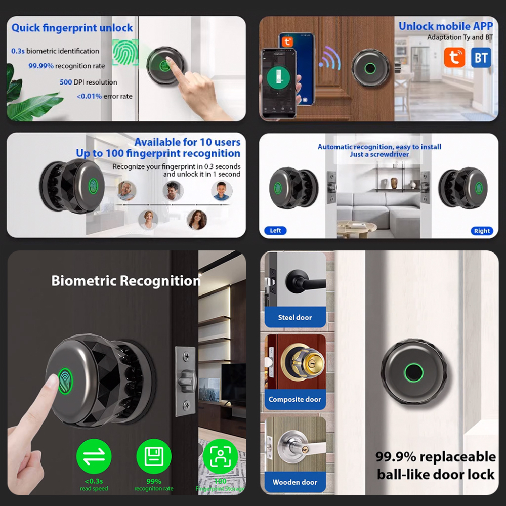 BDI Smart Knob Biometric Door Lock with Keys & TUYA App Control 2303TY-F