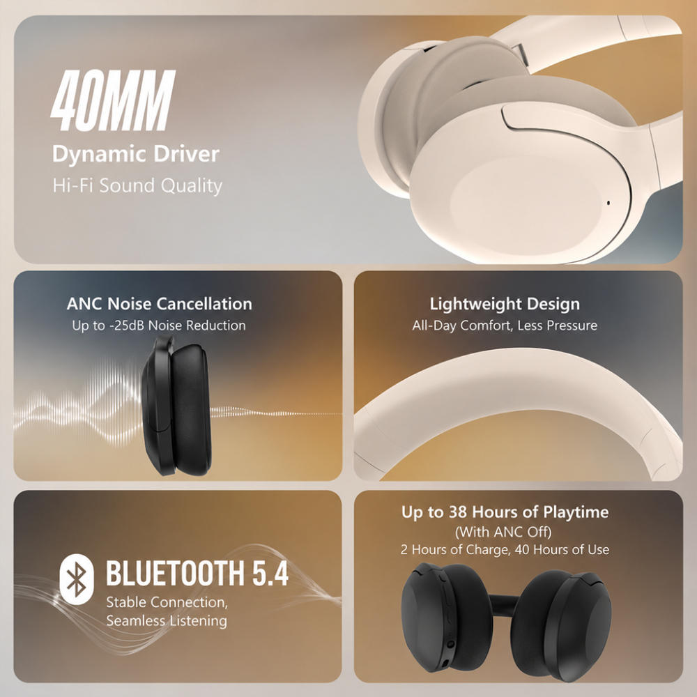 BDI P3965 ANC Wireless Headphones – Bluetooth 5.4 Over-Ear Headphones with Active Noise Cancelling