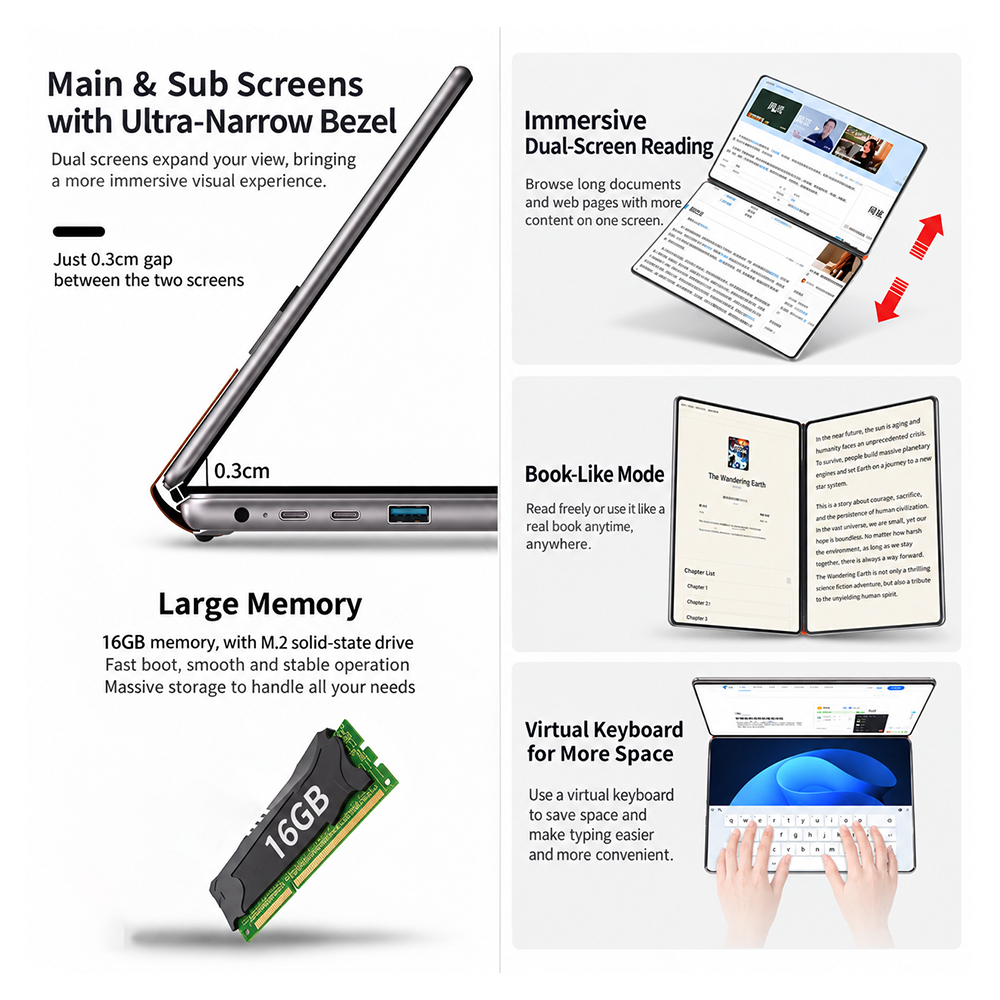 BDI Dual Screen Laptop - 2-in-1 Foldable Portable Computer with Dual 10.95 inch IPS Touchscreens