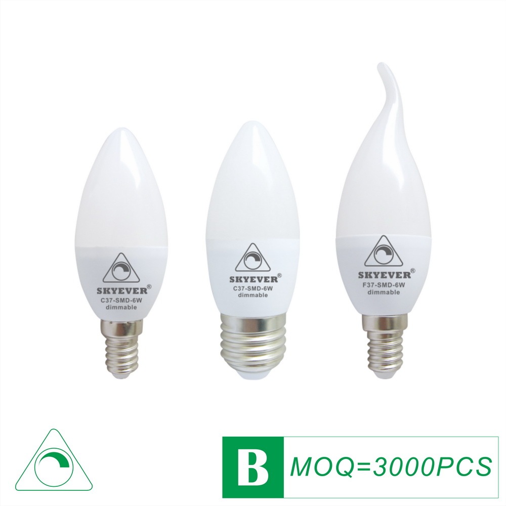 Candle LED Bulb C37/F37 (BA11) 6W Dimmable E12/E14/E26/E27
