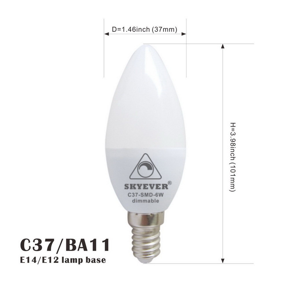 Candle LED Bulb C37/F37 (BA11) 6W Dimmable E12/E14/E26/E27