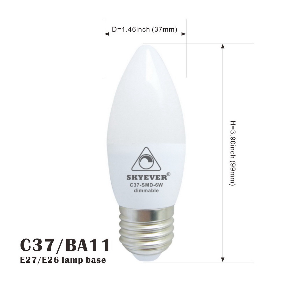 Candle LED Bulb C37/F37 (BA11) 6W Dimmable E12/E14/E26/E27