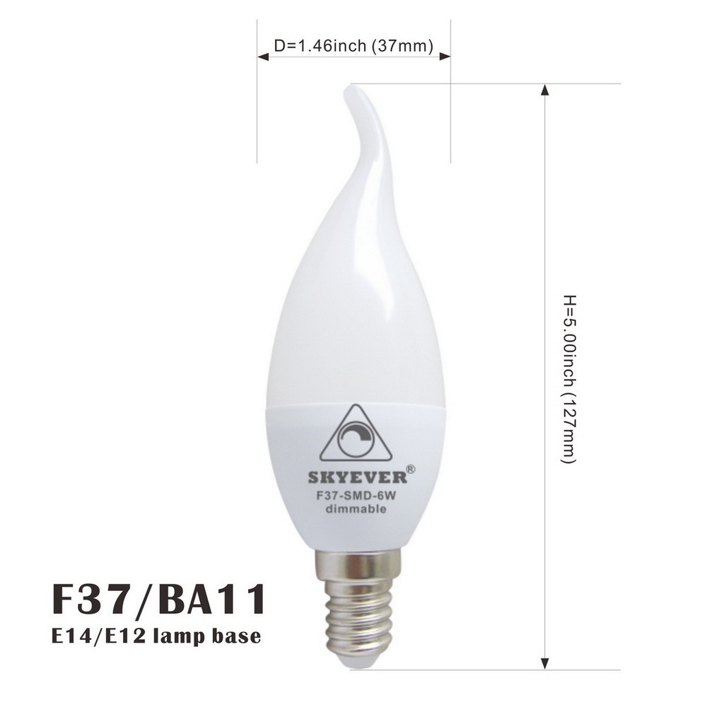 Candle LED Bulb C37/F37 (BA11) 6W Dimmable E12/E14/E26/E27