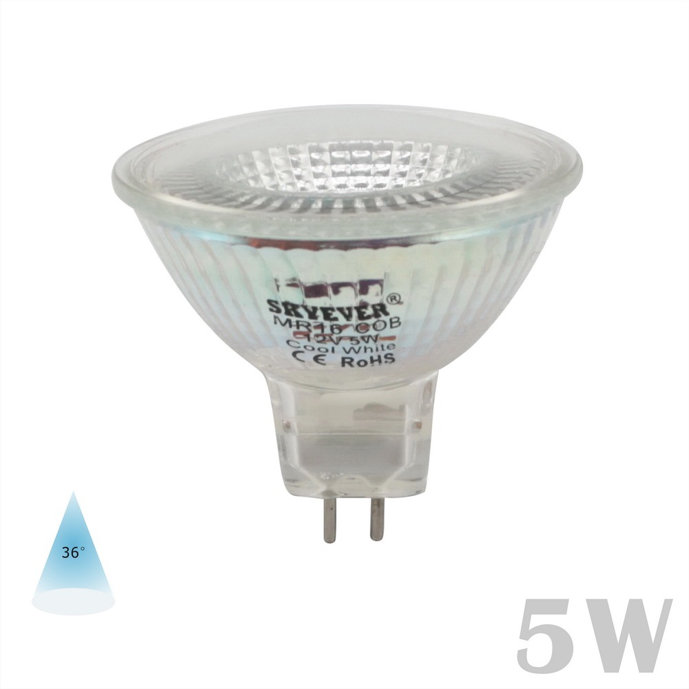 Glass LED MR16 Spot Lamp Cup COB 5 Watts 110V-130V/220V-240V GU5.3 36° NSL