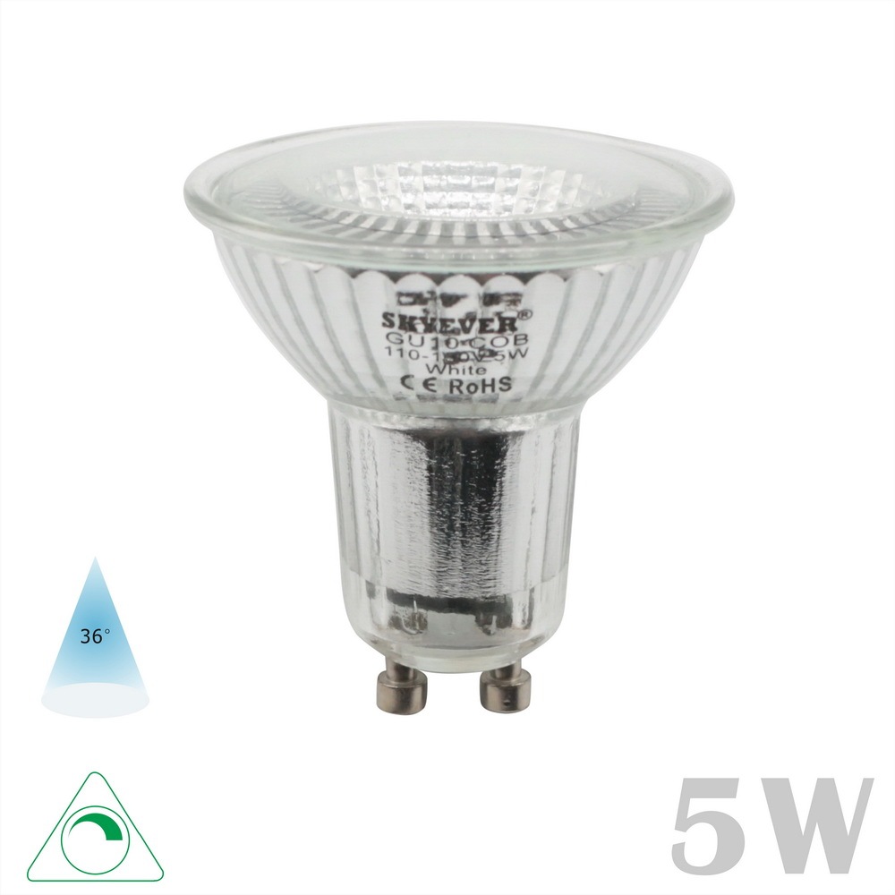 Glass LED GU10 Spot Light Cup COB 5 Watts 110-130V/220-240V Dimmable 36° NSL