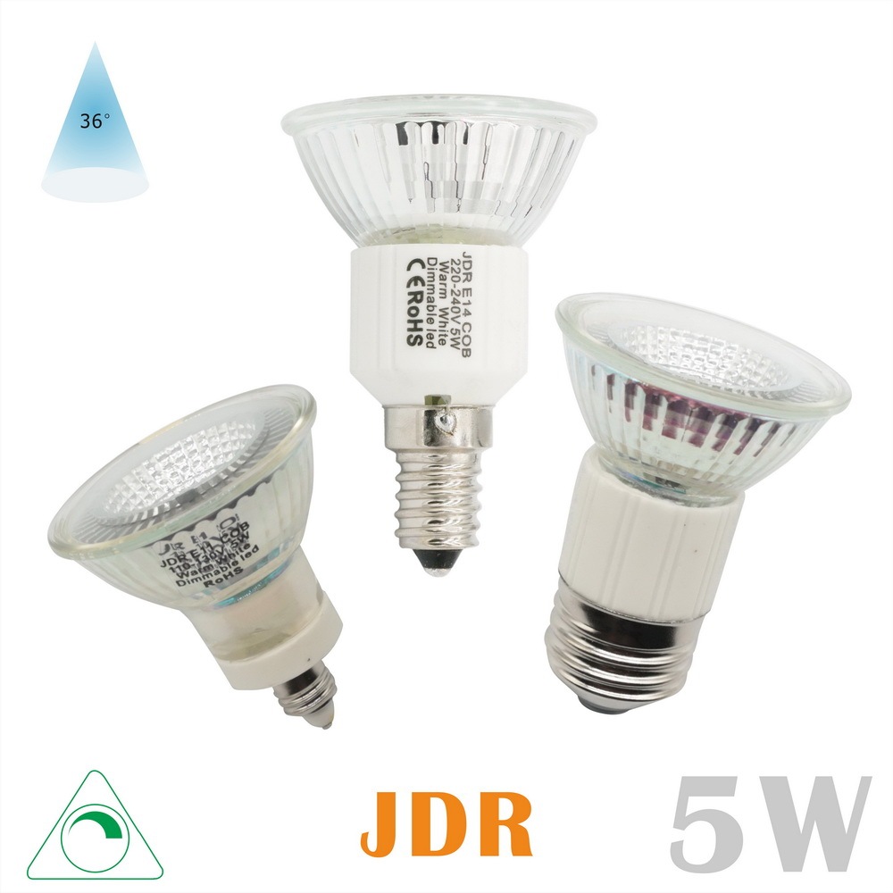 Glass LED JDR Spot Light Cup COB 5 Watts 110V/220V E11/E24/E26 Dimmable 36°