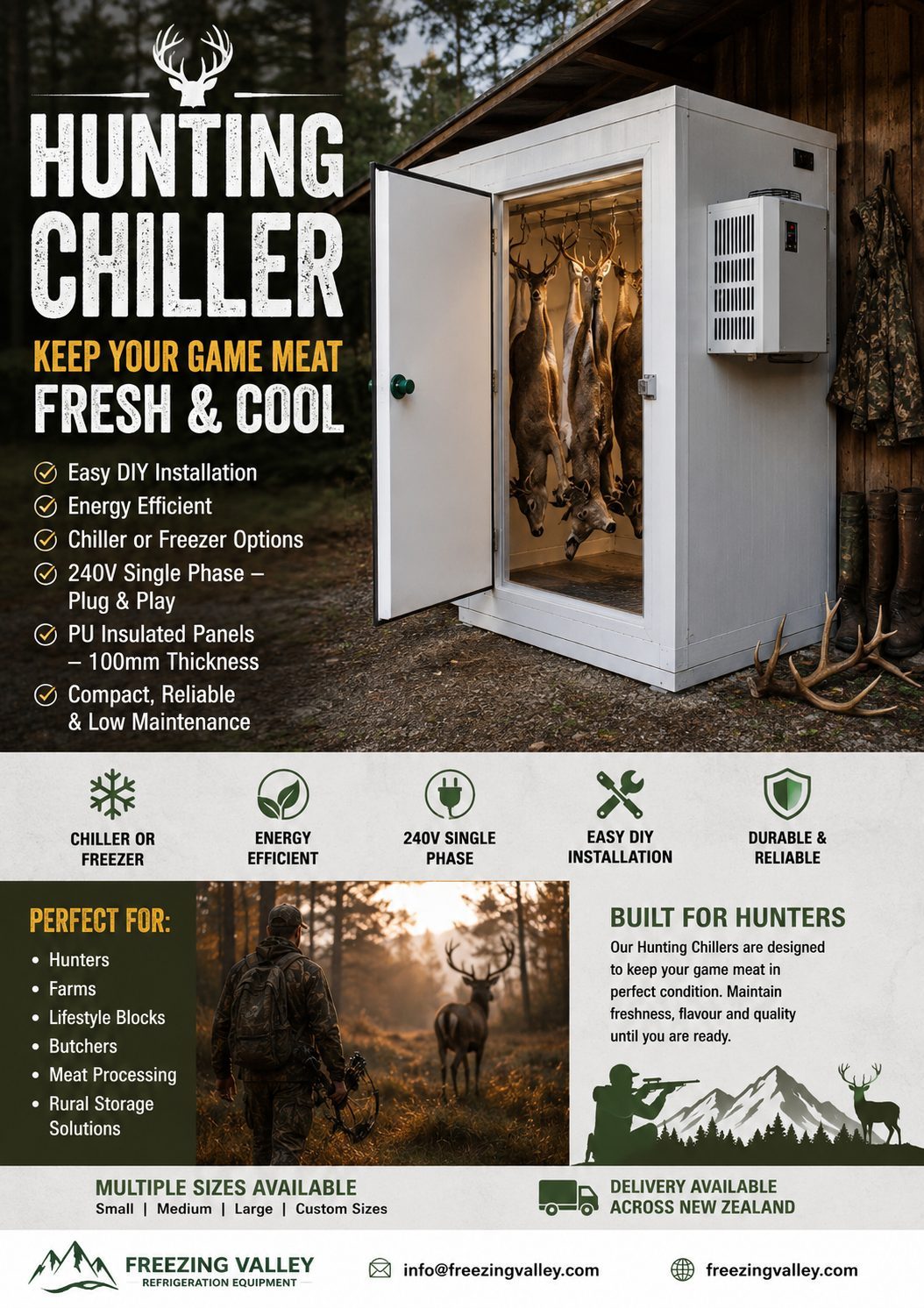Walk-In Cooler / Freezer  USA sales – DIY Installation Hunting Cooler  7′ × 6′ × 7.2′ (≈ 42 ft²) 