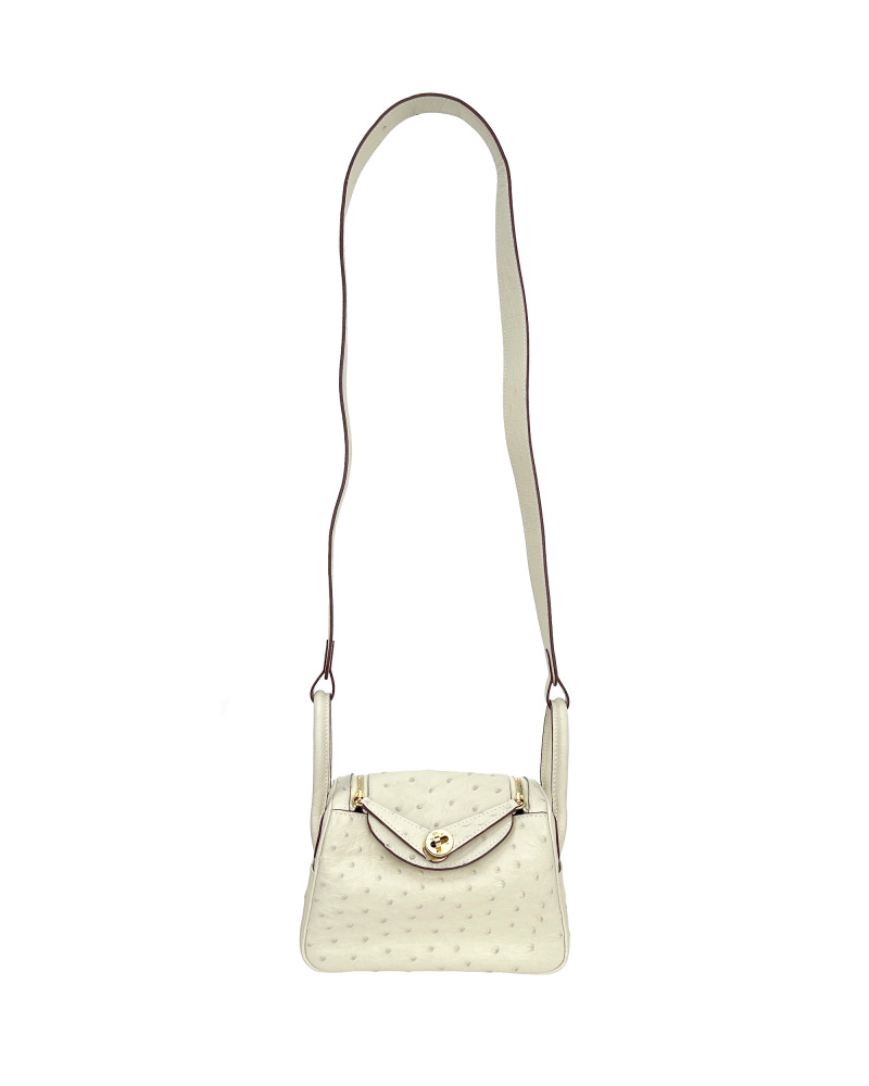 Handmade crossbody bag with single shoulder strap, made of ostrich leather, size 19