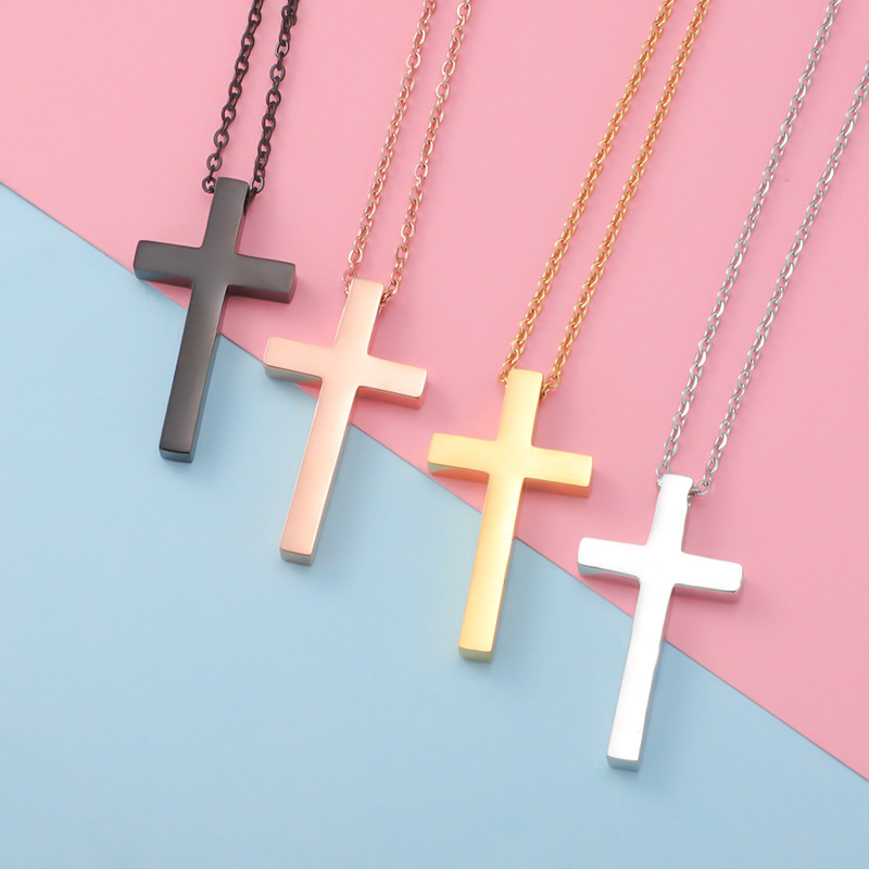 Mirror spot titanium steel cross necklace, retro European and American hip-hop trend cross couple necklace, collarbone chain