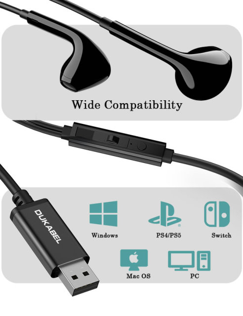 DUKABEL USB Wired Earbuds, USB Headphone with Mic for PC/ PS4/ PS5