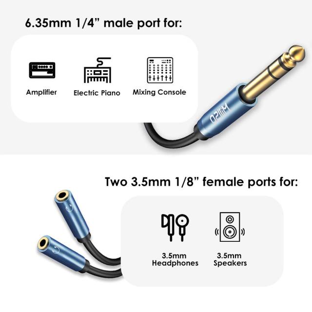 MillSO 6.35mm 1/4 Male to Dual 3.5mm 1/8 Female Headphone Adapter