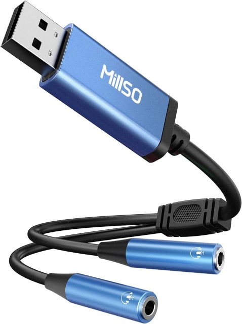 MillSO USB to Dual 3.5mm Audio Jack Adapter