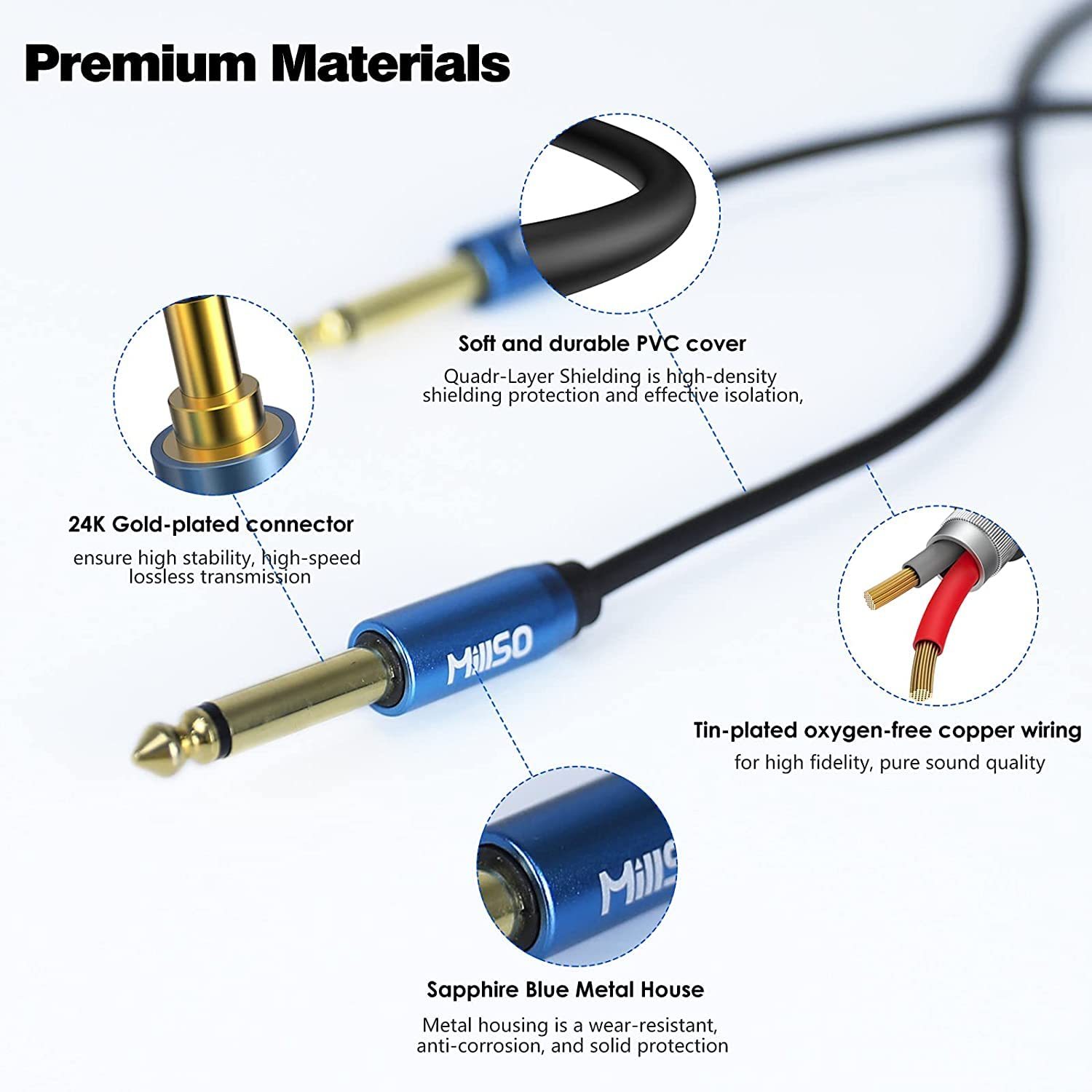 MillSO 1/4 Instrument Cable TS Electric Guitar Cable