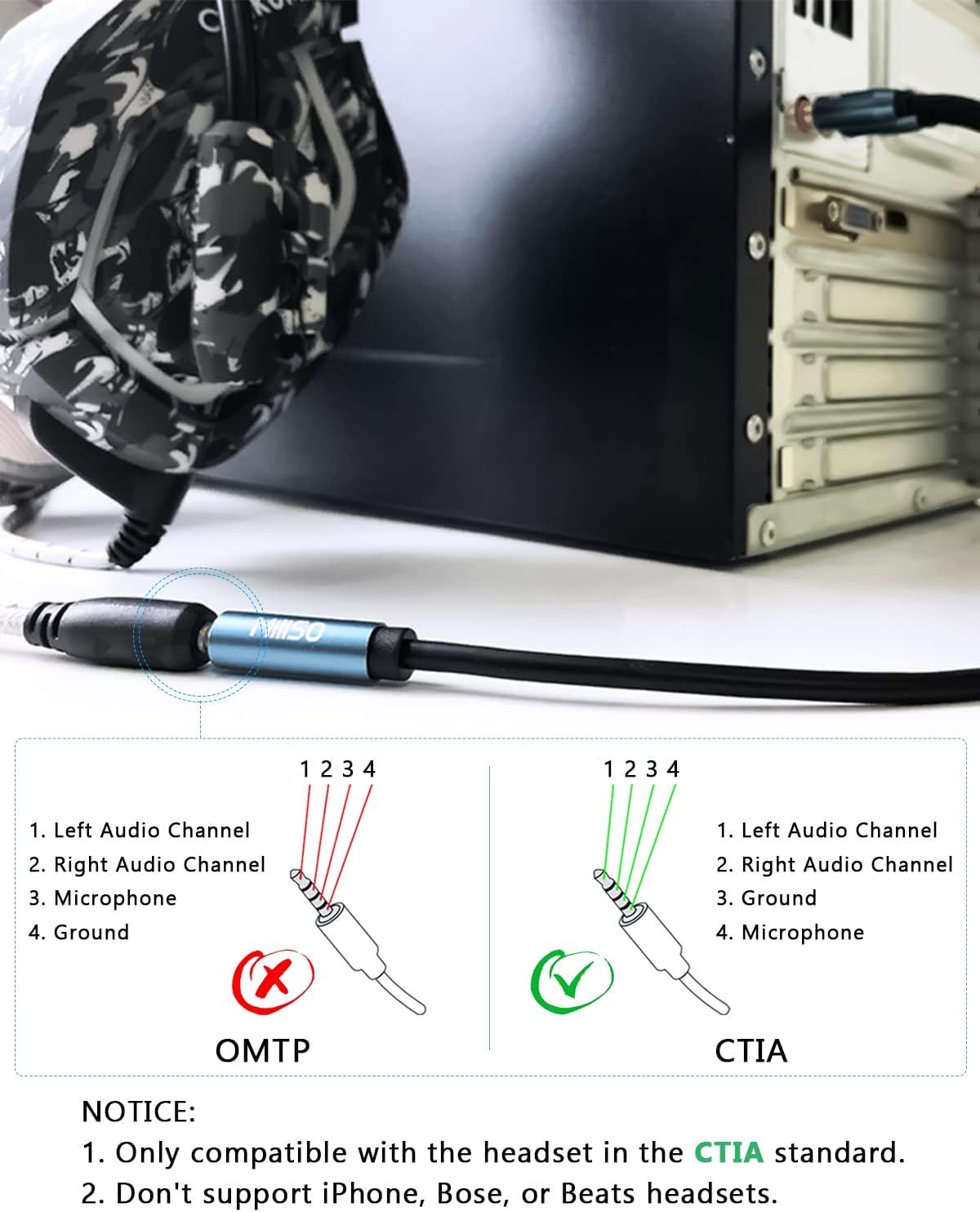 MillSO Headset Splitter, CTIA 3.5mm 2 Male to 1 Female Headphone Adapter