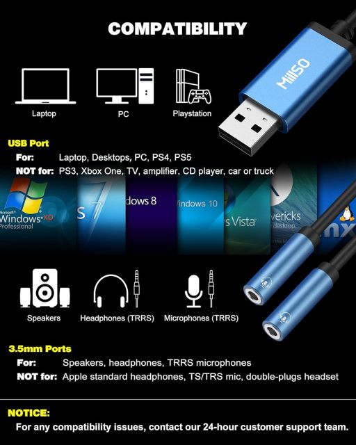 MillSO USB to Dual 3.5mm Audio Jack Adapter