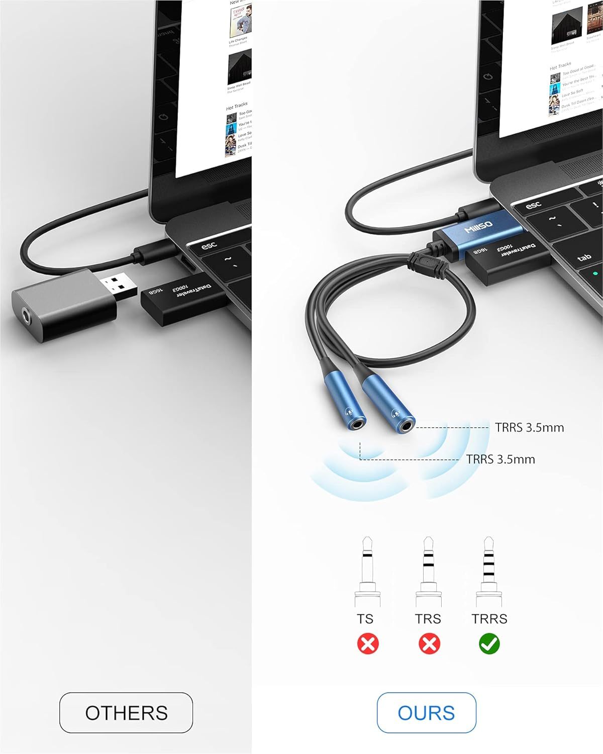 MillSO USB to Dual 3.5mm Audio Jack Adapter