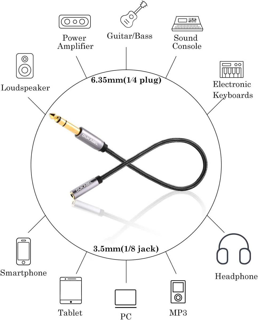 DUKABEL TopSeries 6.35mm (1/4 inch) to 3.5mm (1/8 inch) Headphone Jack Adapter