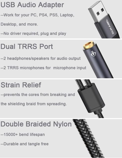 DUKABEL USB Audio Splitter, USB to 3.5mm Audio Jack Adapter