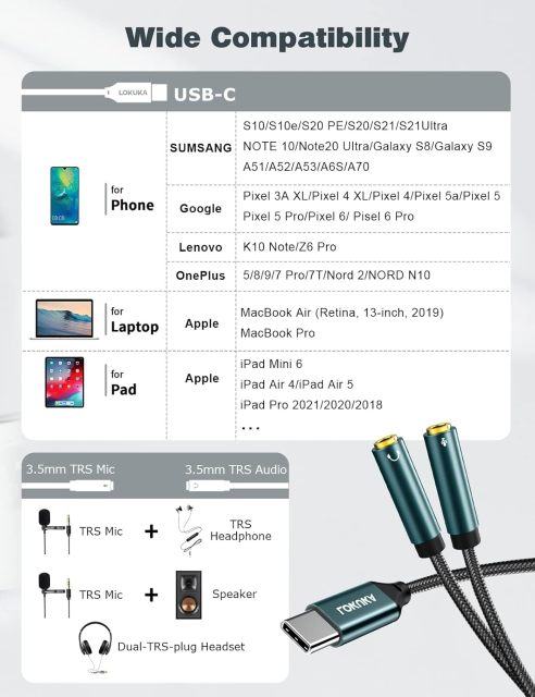 LOKUKA USB C to 2 TRS 3.5mm Headphone Mic Splitter Adapter