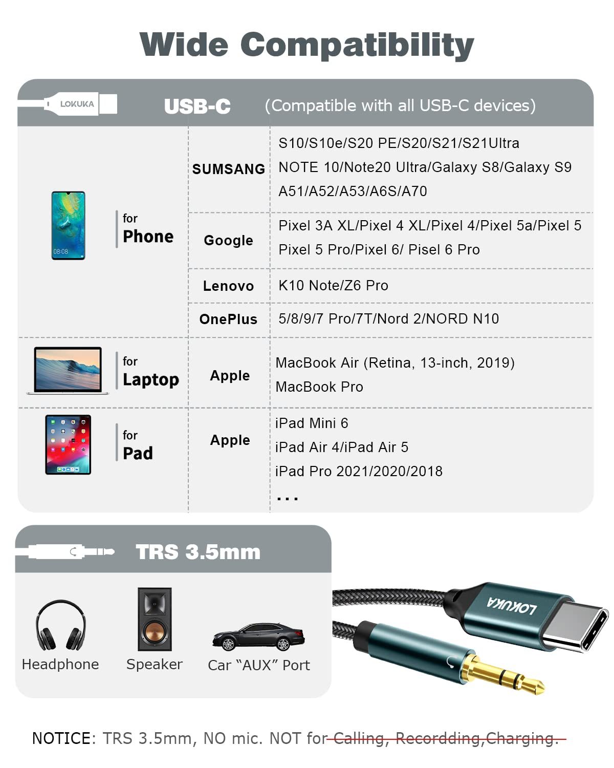 LOKUKA USB C to 3.5mm Audio AUX Jack Cable (3.3 FT), Type C to TRS 3.5mm Male Headphone Adapter