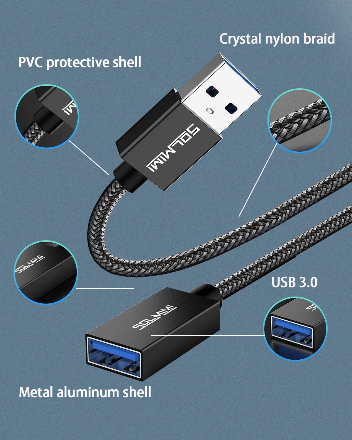 SOLMIMI USB Extension Cable, A Male to A Female Cord