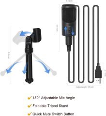 LOKUKA PC USB Microphone, Podcast Condenser Mic with Foldable Tripod Mute Switch for Streaming, Gaming