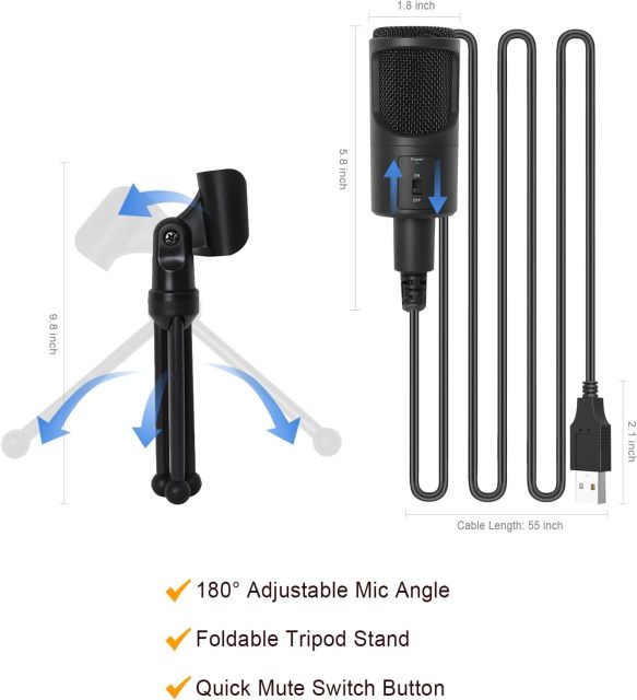 LOKUKA PC USB Microphone, Podcast Condenser Mic with Foldable Tripod Mute Switch for Streaming, Gaming