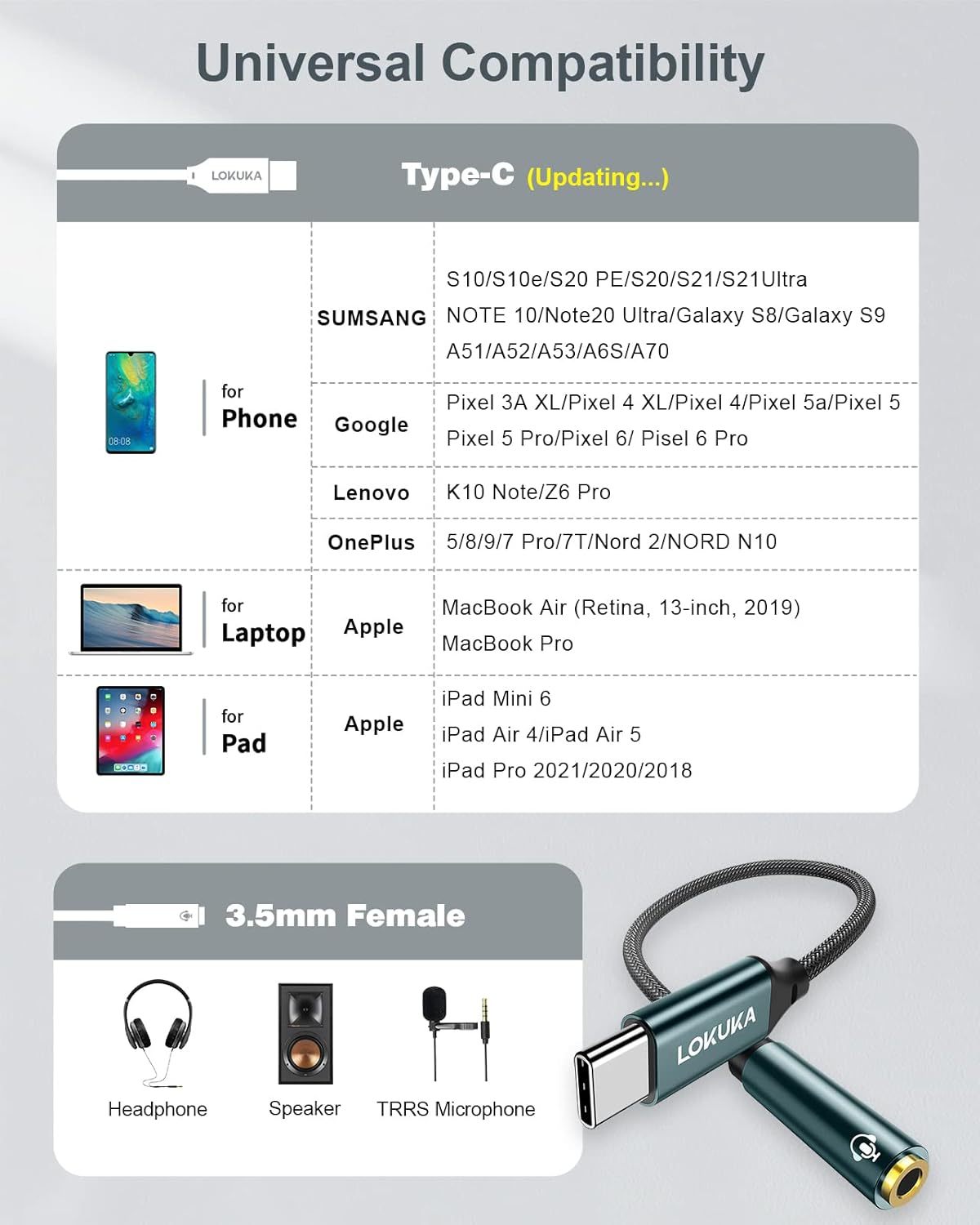 LOKUKA USB Type C to 3.5mm Female Headphone Jack Adapter