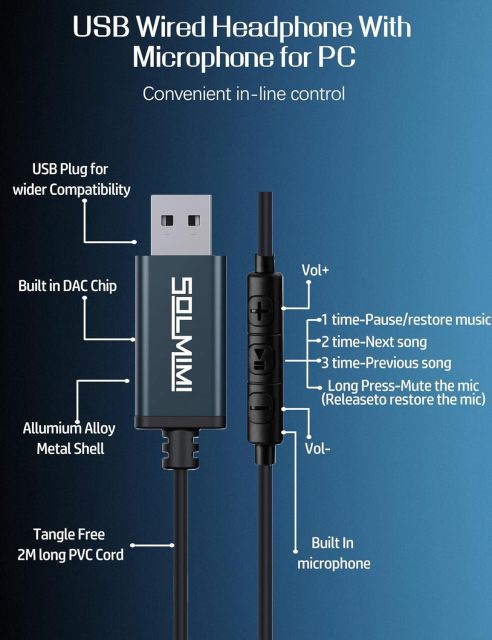 SOLMIMI USB Earbuds with Microphone for PC Laptop