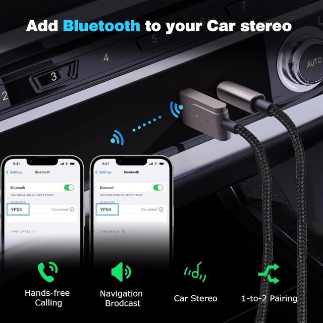LOKUKA Bluetooth 5.3 to Aux Adapter for Car or Amp, USB to 3.5mm Female Bluetooth Receiver
