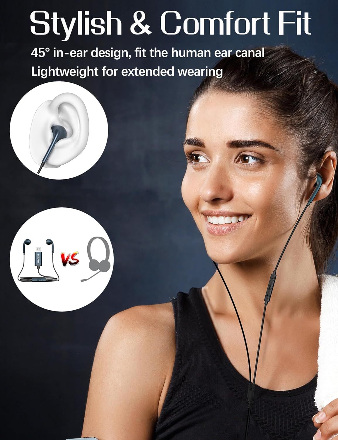SOLMIMI USB Earbuds with Microphone for PC Laptop