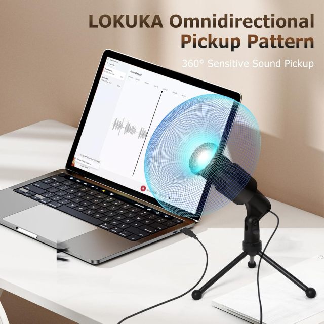 LOKUKA PC USB Microphone, Podcast Condenser Mic with Foldable Tripod Mute Switch for Streaming, Gaming