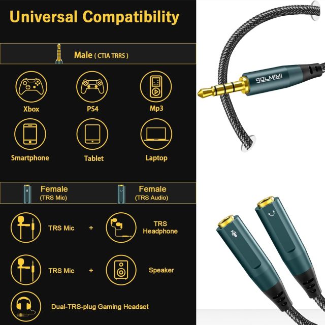 SOLMIMI Headset Adapter, 3.5mm Headphone Mic Splitter CTIA TRRS