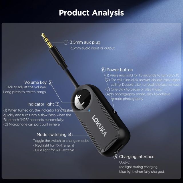 LOKUKA Bluetooth 5.3 Transmitter Receiver, 2-in-1 3.5mm Aux Audio Wireless Transmitter for Airplane