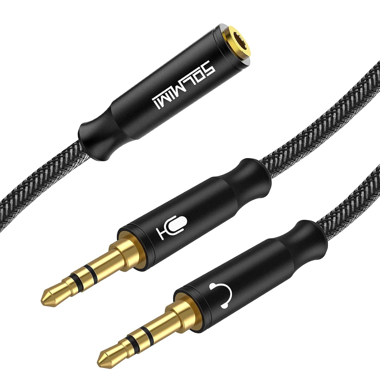 SOLMIMI Headset Splitter Cable for PC 3.5mm Crystal-Nylon Braid Female to Dual 3.5mm TRS