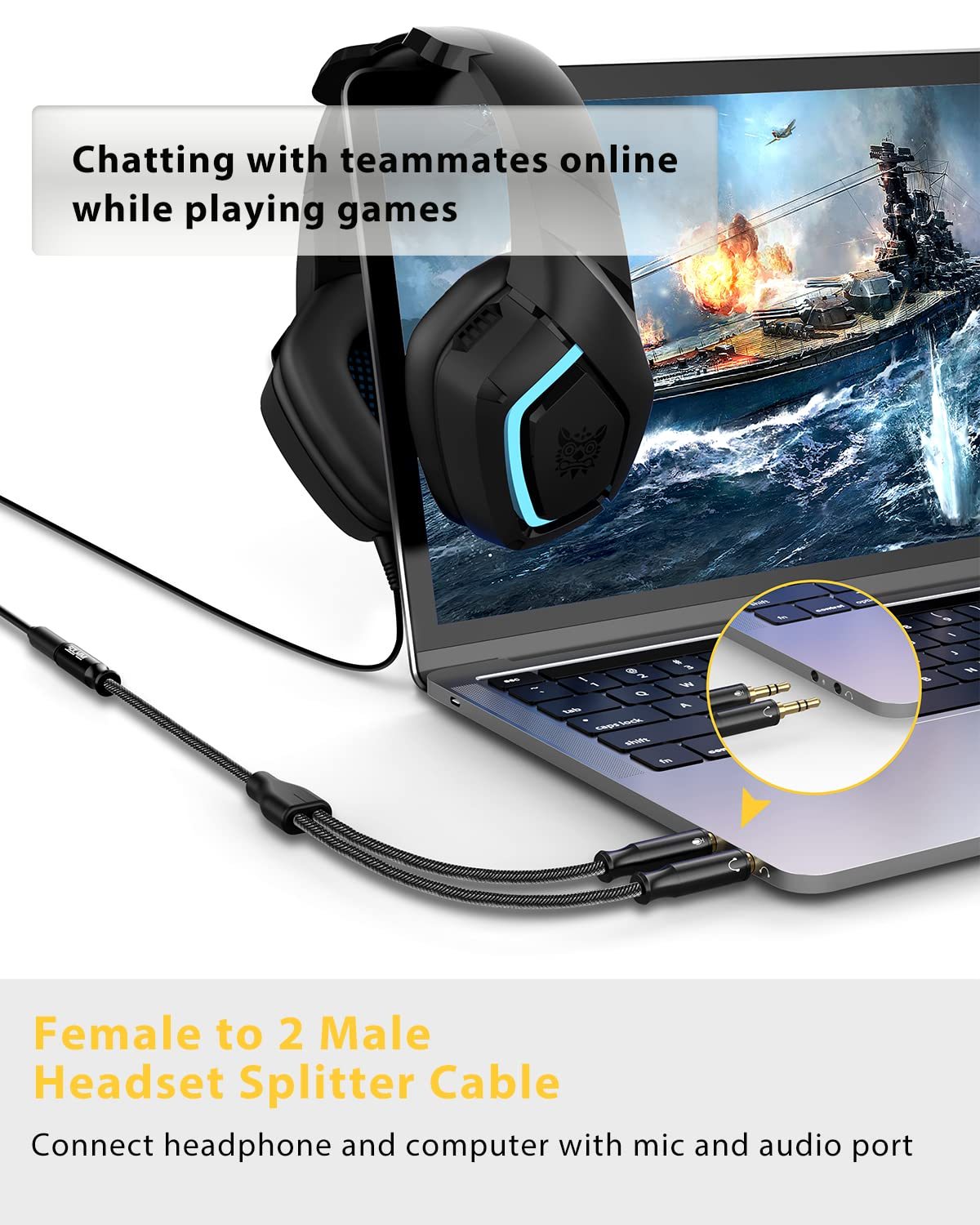 SOLMIMI Headset Splitter Cable for PC 3.5mm Crystal-Nylon Braid Female to Dual 3.5mm TRS