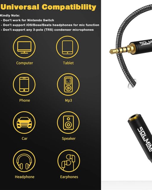 SOLMIMI Headphone Extension Cable 4 Pole 3.5mm TRRS Male to Female Lossless Stereo Audio Cable