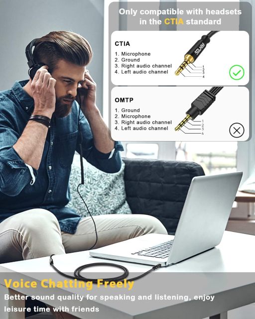 SOLMIMI Headphone Extension Cable 4 Pole 3.5mm TRRS Male to Female Lossless Stereo Audio Cable