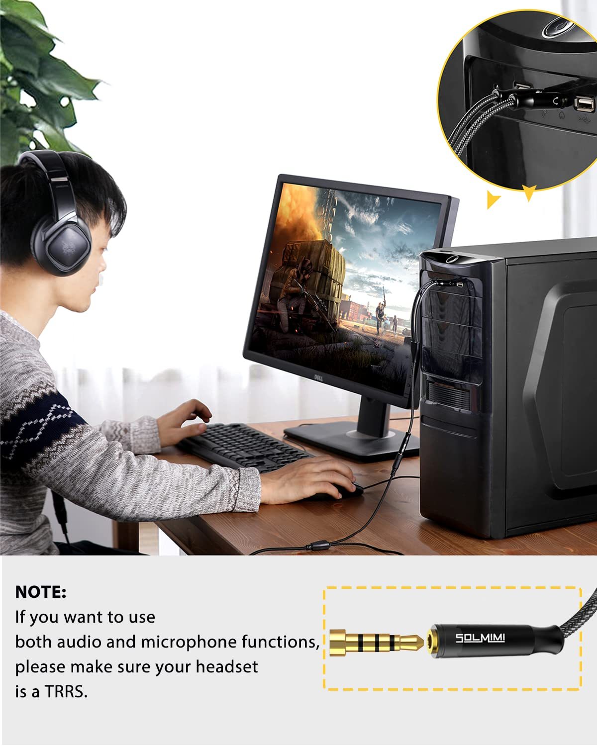 SOLMIMI Headset Splitter Cable for PC 3.5mm Crystal-Nylon Braid Female to Dual 3.5mm TRS