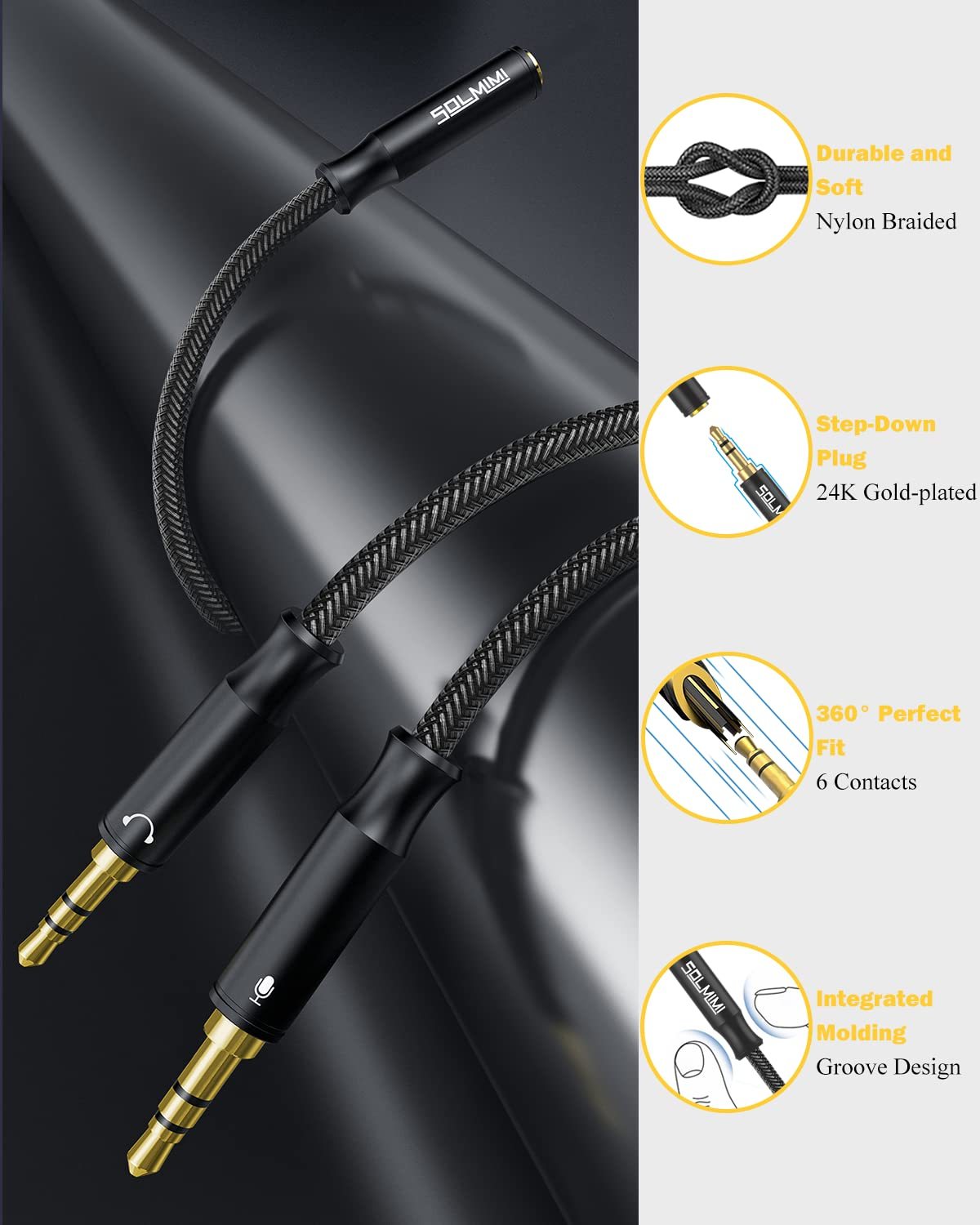 SOLMIMI Headset Splitter Cable for PC 3.5mm Crystal-Nylon Braid Female to Dual 3.5mm TRS