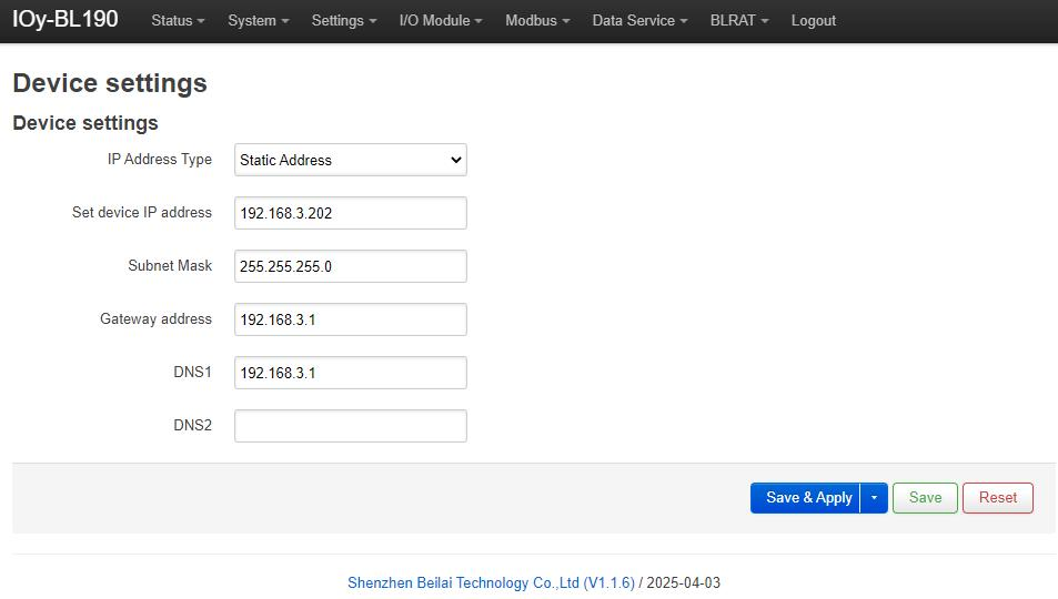 BLIIOT BL190 Web configuration page