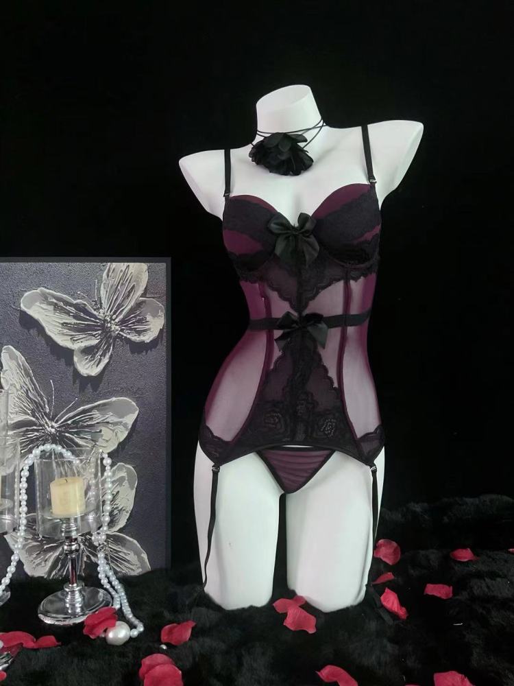 Siren Black & Purple Mesh Top & Panty Set 4228 | Edgy Elegance